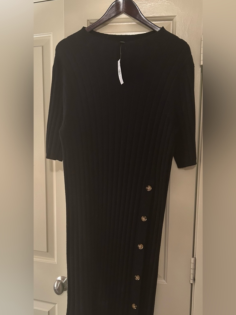 Ann Taylor NWT Black Ribbed Knit Midi Dress with Side Button Detail